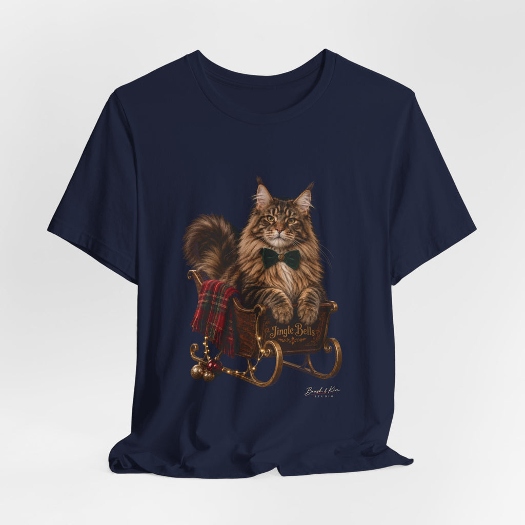Christmas Cat Sled Tee — Festive Maine Coon Holiday T-Shirt