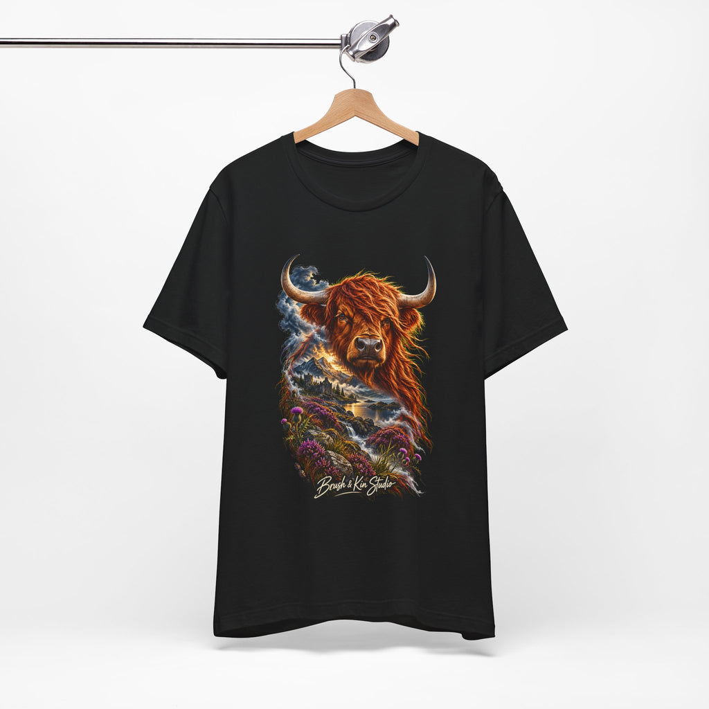 Highland Cow Scenic Tee — 'Beyond the Glens' Graphic T-Shirt