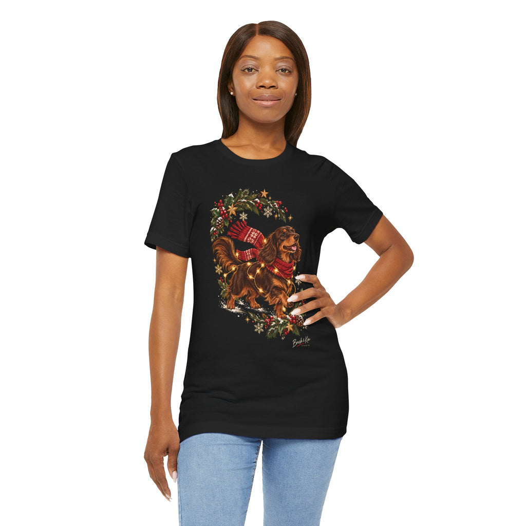 Dachshund Christmas Tee — Festive Sausage Dog with Scarf & Gifts
