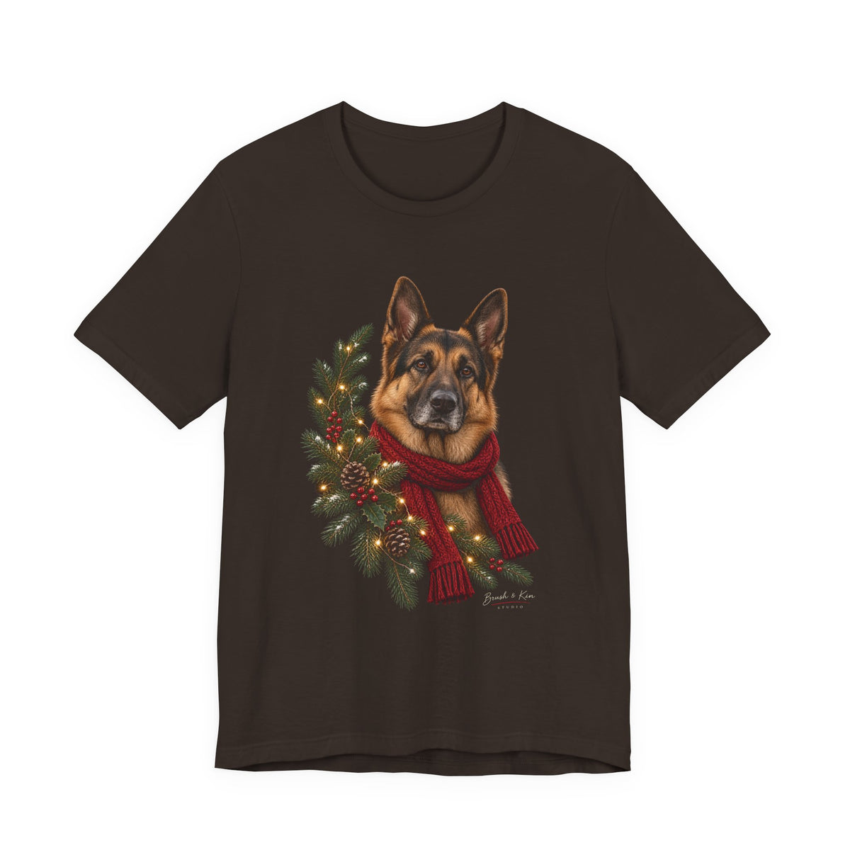 German Shepherd Christmas Tee — Festive Wreath & Scarf Dog T-Shirt