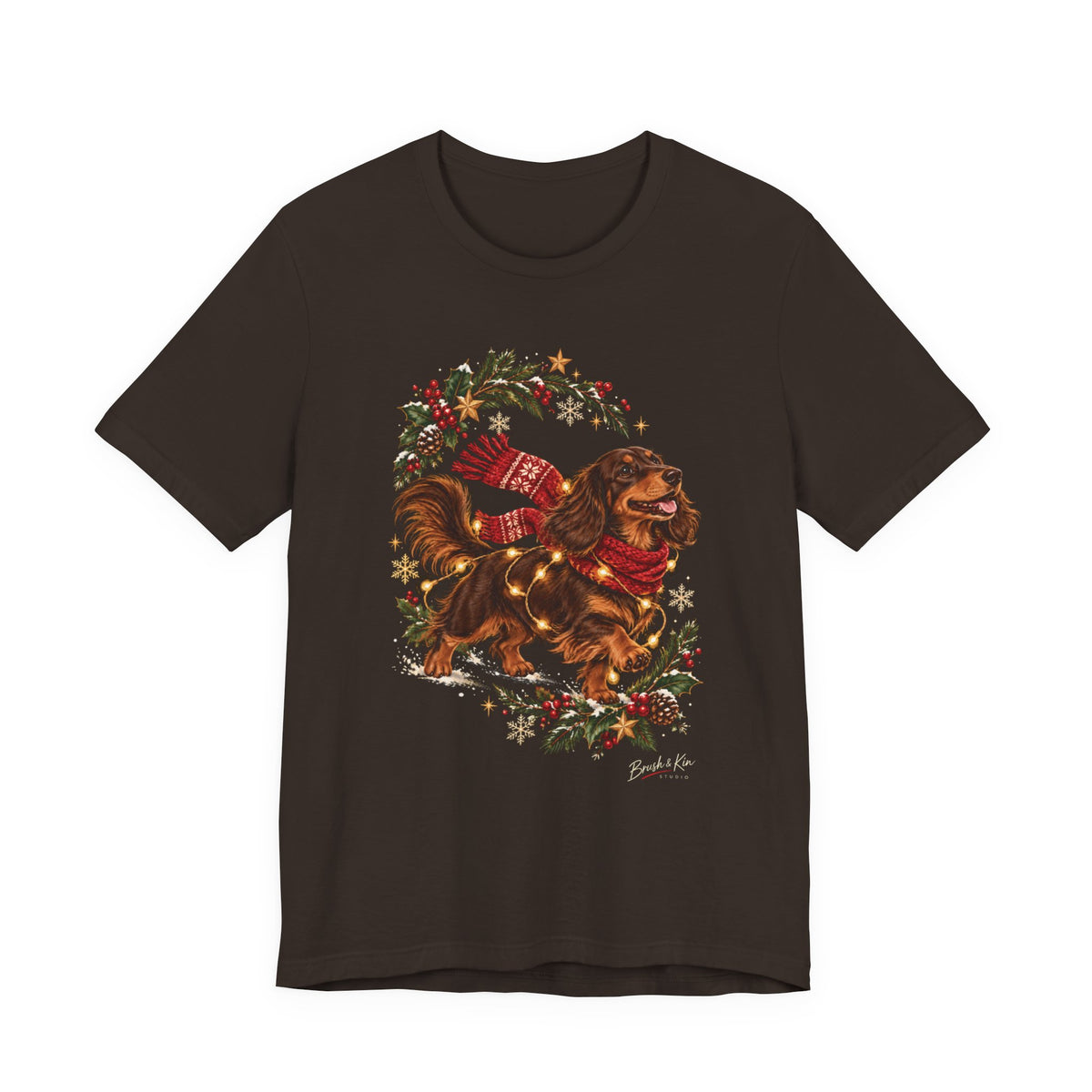 Dachshund Christmas Tee — Festive Sausage Dog with Scarf & Gifts