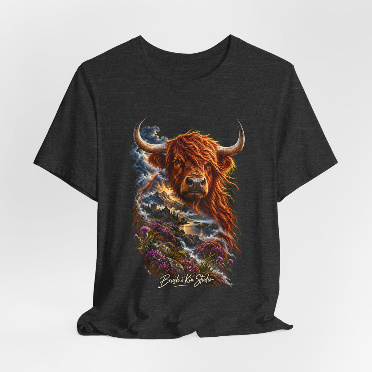 Highland Cow Scenic Tee — 'Beyond the Glens' Graphic T-Shirt