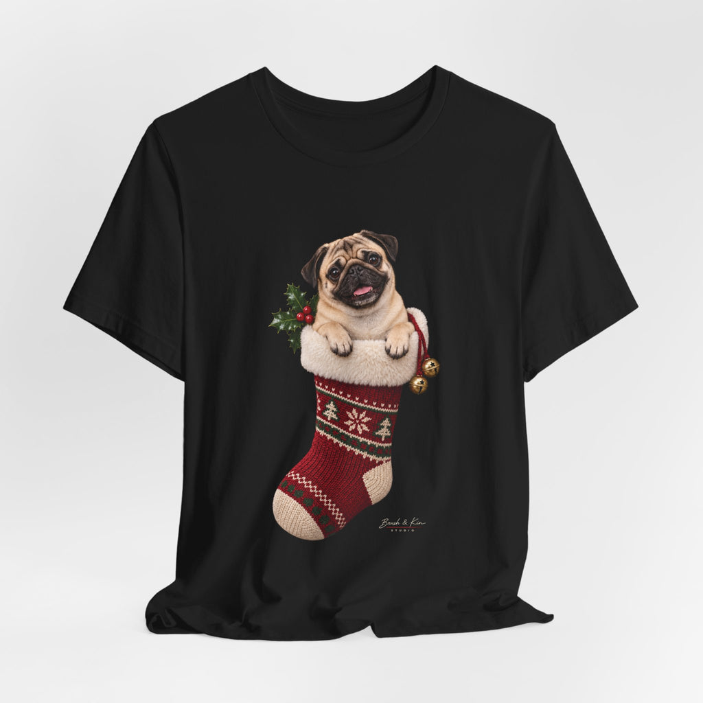 Pug in Christmas Stocking Tee — Cute Holiday Dog T-Shirt