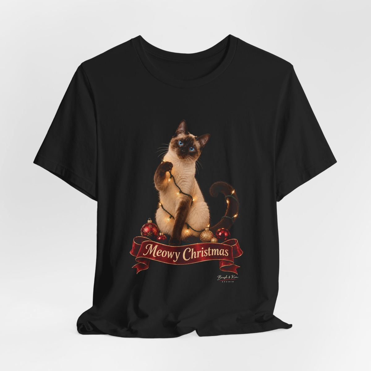 Meowy Christmas Cat Tee — Cute Siamese Holiday T-Shirt