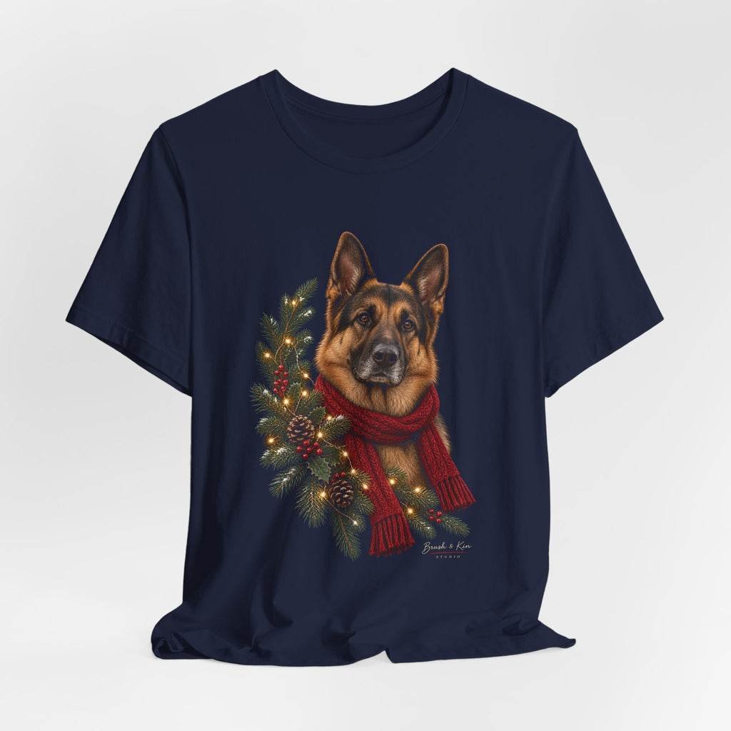 German Shepherd Christmas Tee — Festive Wreath & Scarf Dog T-Shirt
