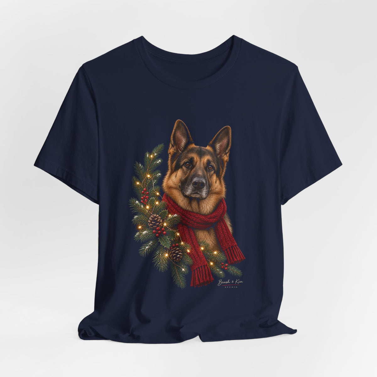 German Shepherd Christmas Tee — Festive Wreath & Scarf Dog T-Shirt