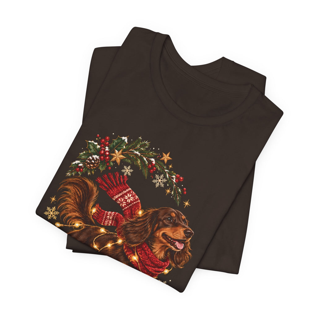 Dachshund Christmas Tee — Festive Sausage Dog with Scarf & Gifts