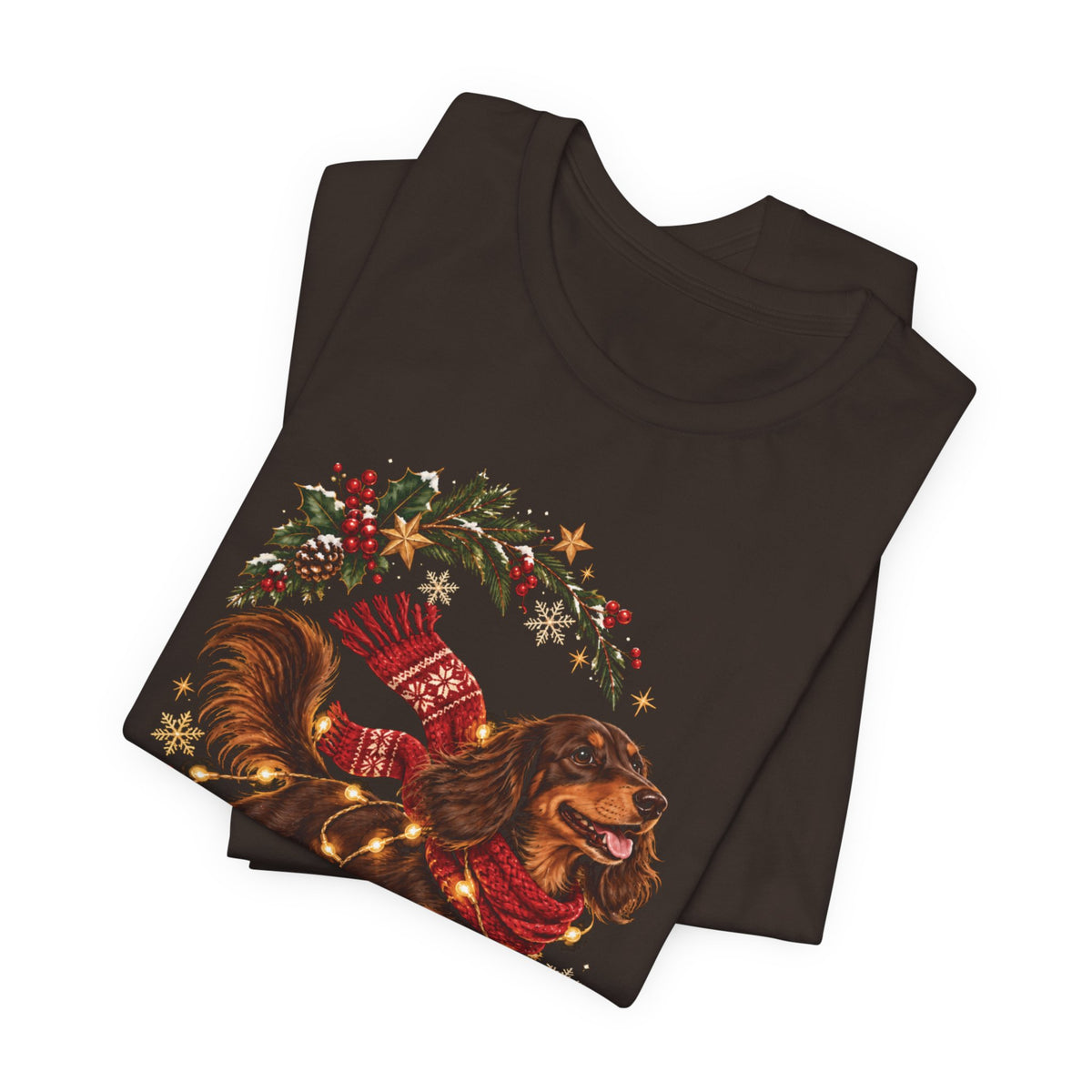 Dachshund Christmas Tee — Festive Sausage Dog with Scarf & Gifts