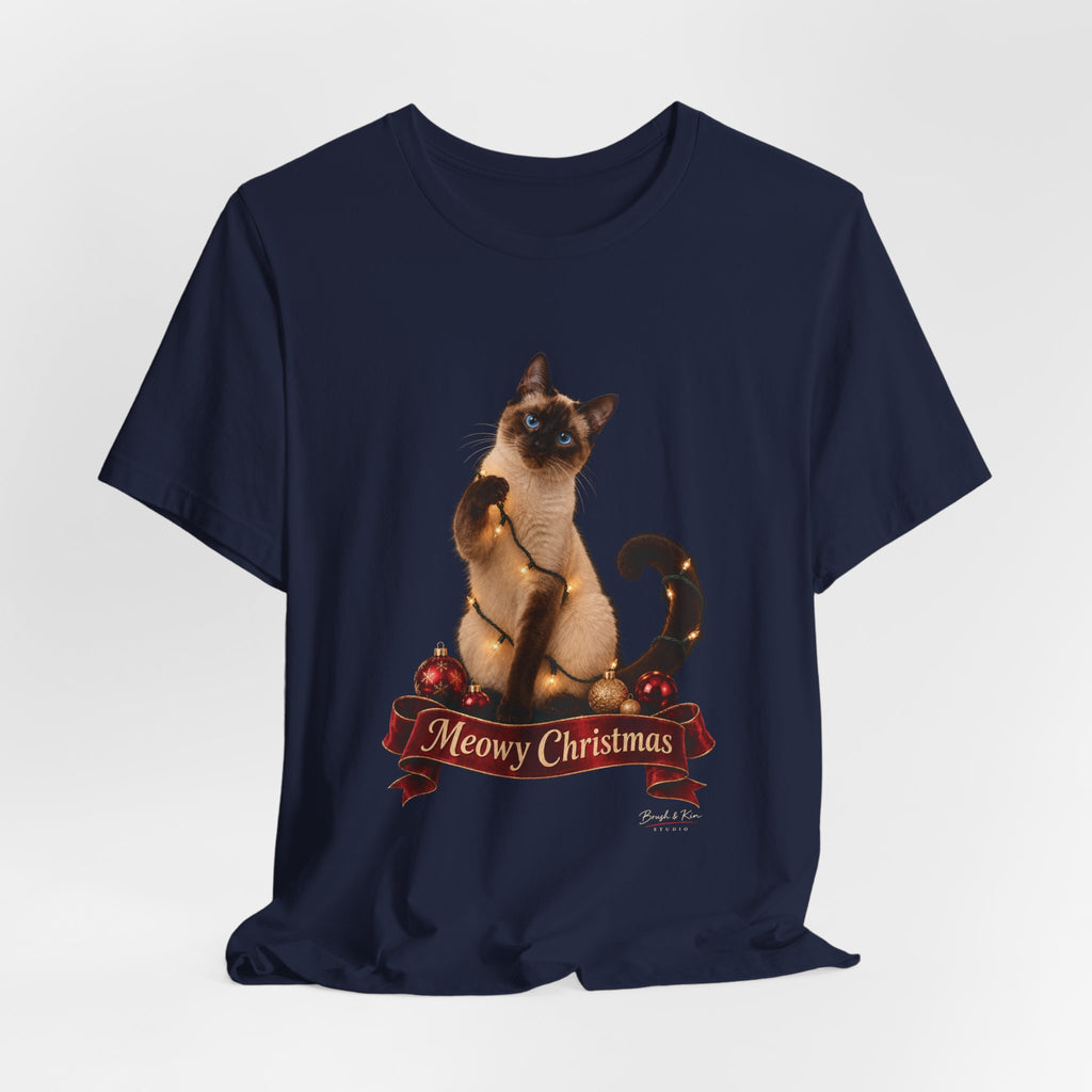 Meowy Christmas Cat Tee — Cute Siamese Holiday T-Shirt