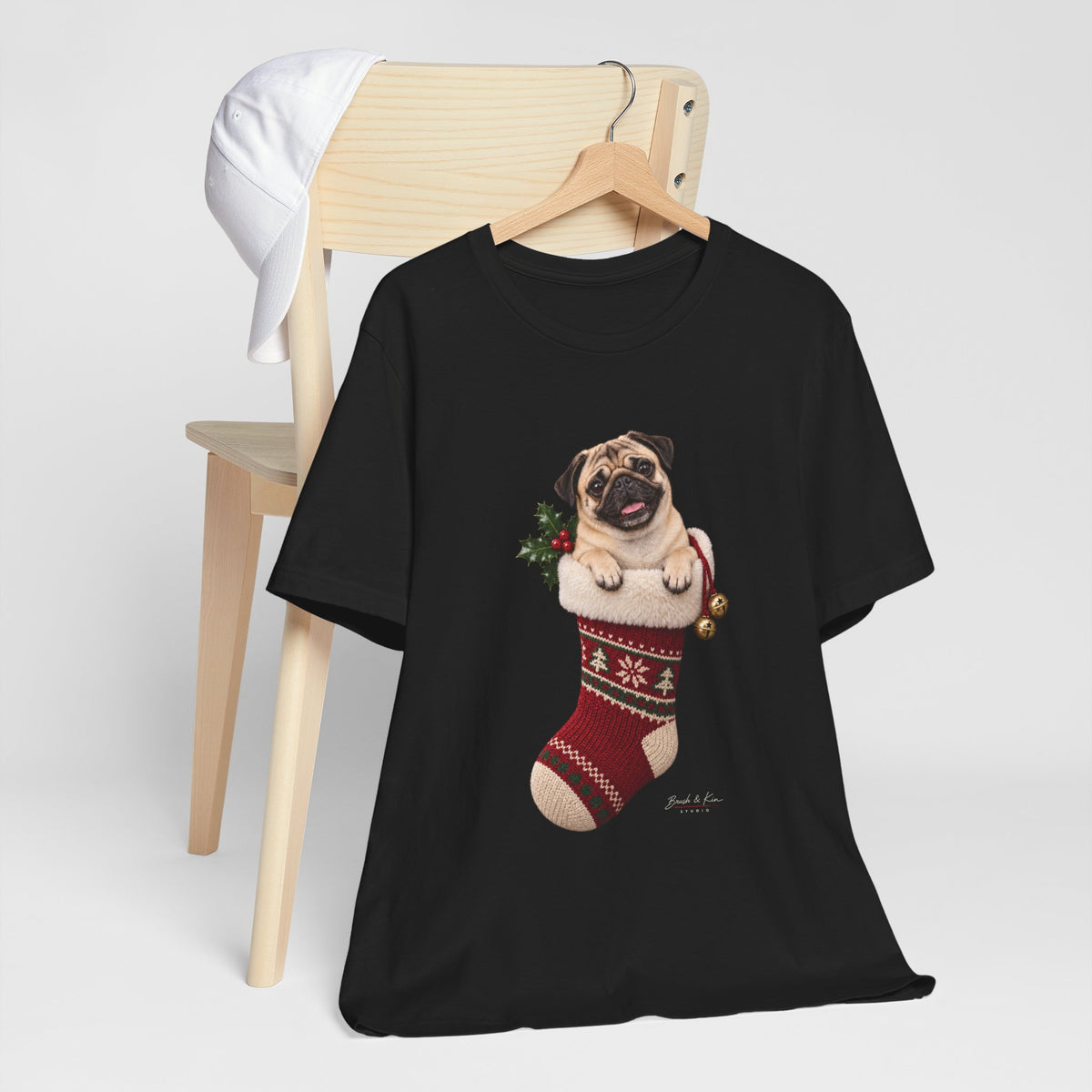 Pug in Christmas Stocking Tee — Cute Holiday Dog T-Shirt