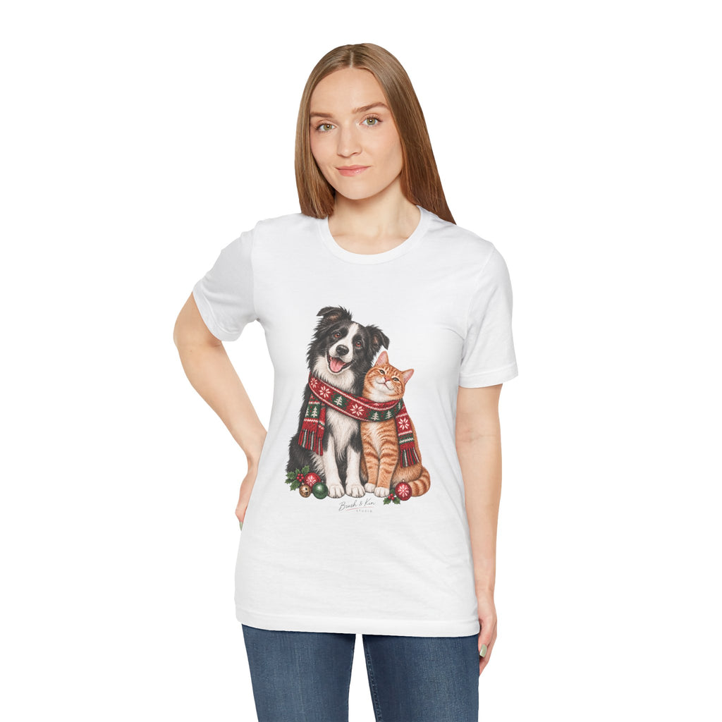 Holiday Dog and Cat Tee — Cozy Scarf Pets Christmas T-Shirt
