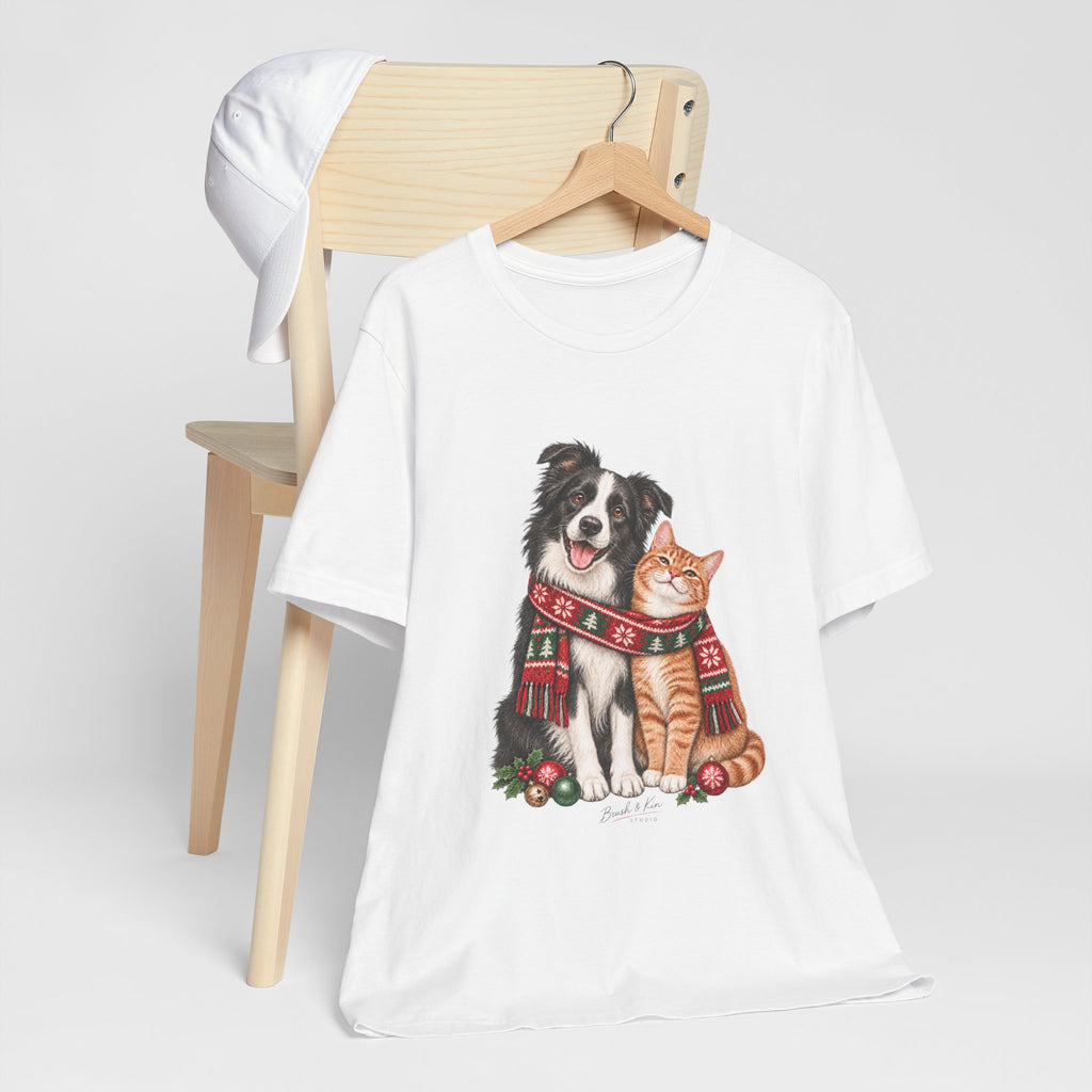 Holiday Dog and Cat Tee — Cozy Scarf Pets Christmas T-Shirt