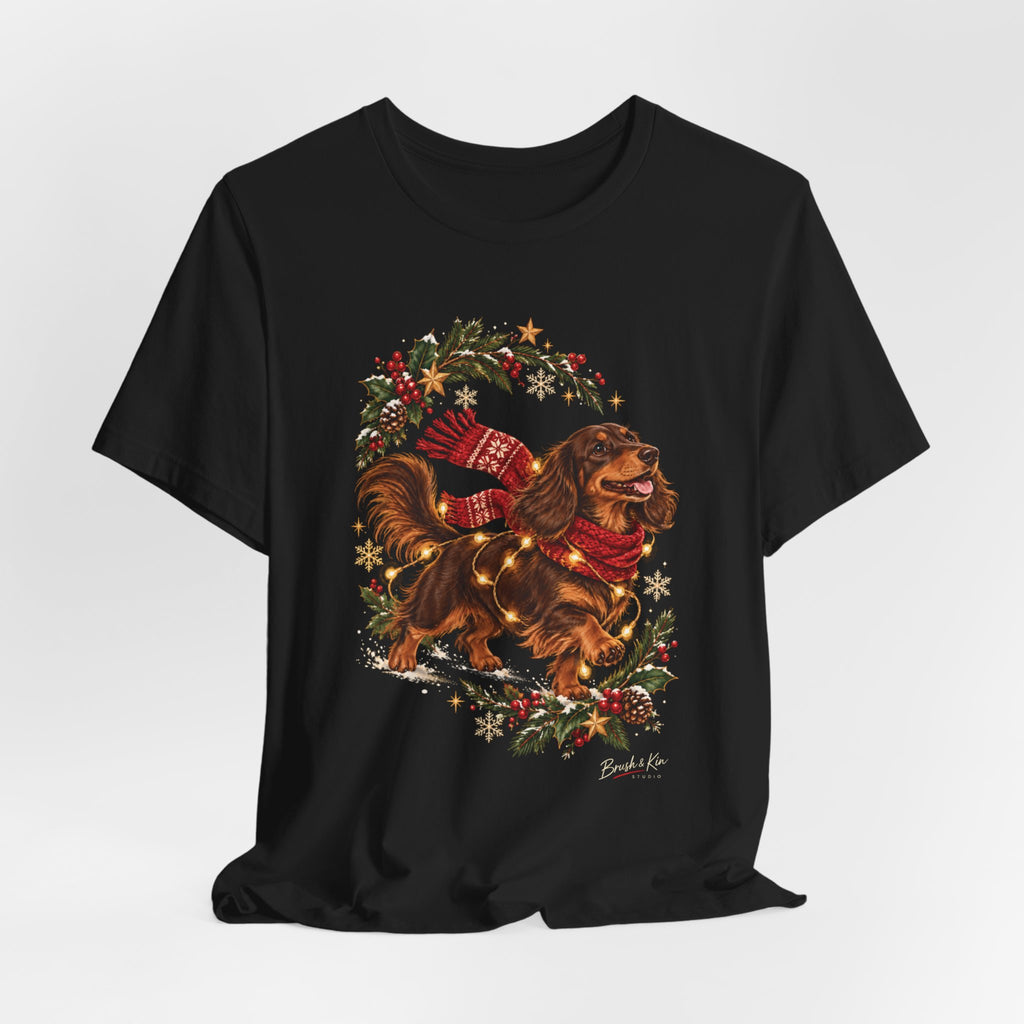 Dachshund Christmas Tee — Festive Sausage Dog with Scarf & Gifts