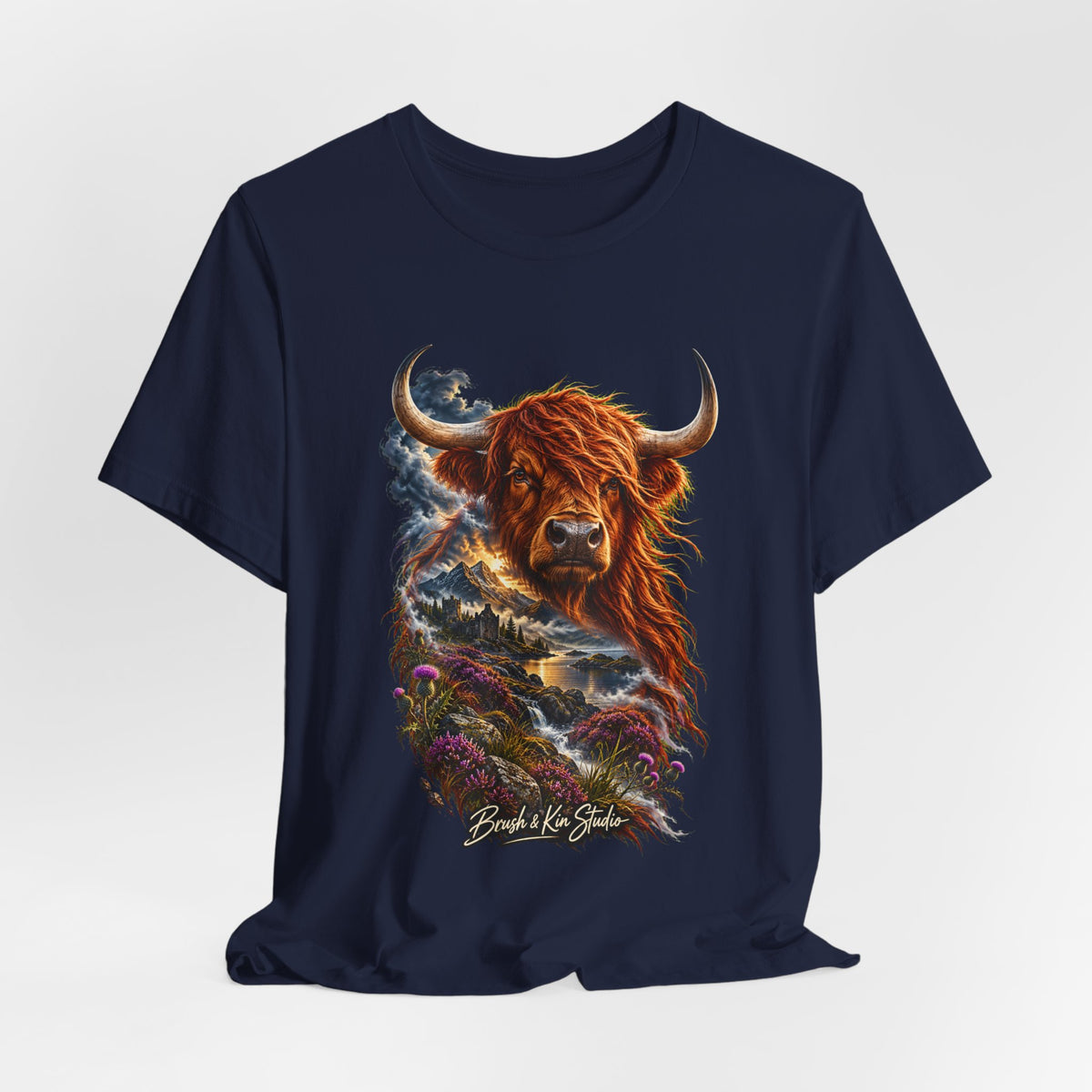 Highland Cow Scenic Tee — 'Beyond the Glens' Graphic T-Shirt