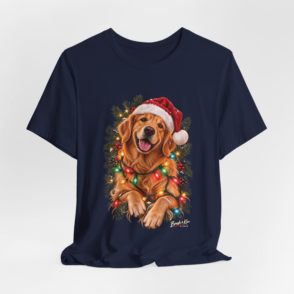 Christmas Golden Retriever Tee — Santa Hat with Holiday Lights