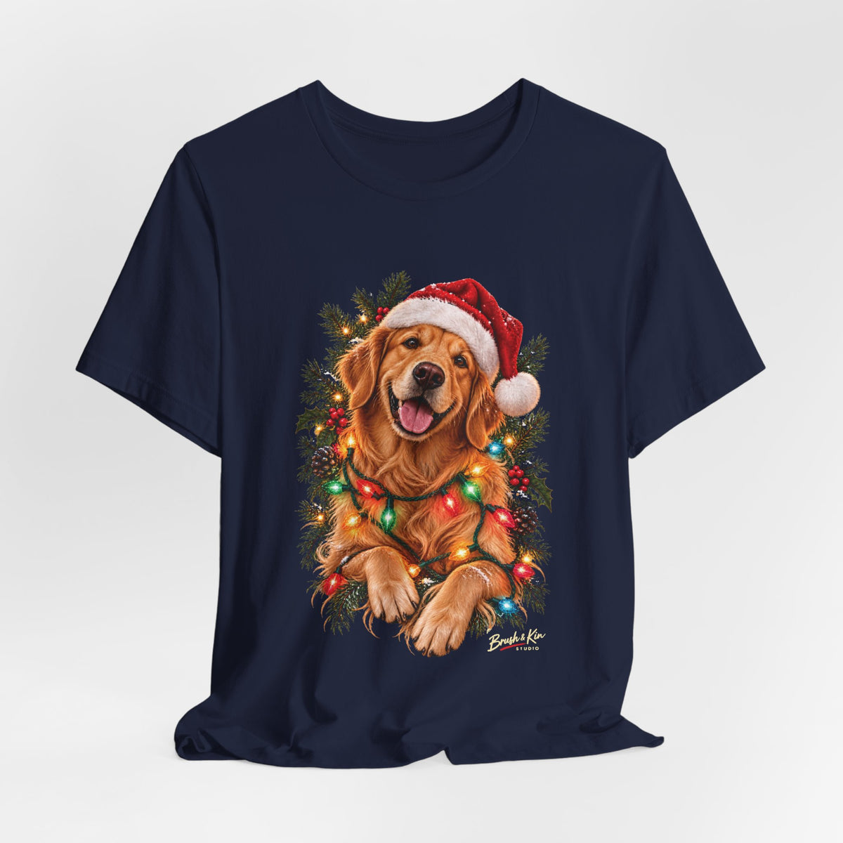Christmas Golden Retriever Tee — Santa Hat with Holiday Lights