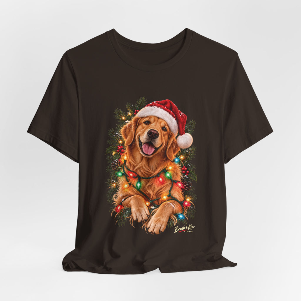 Christmas Golden Retriever Tee — Santa Hat with Holiday Lights
