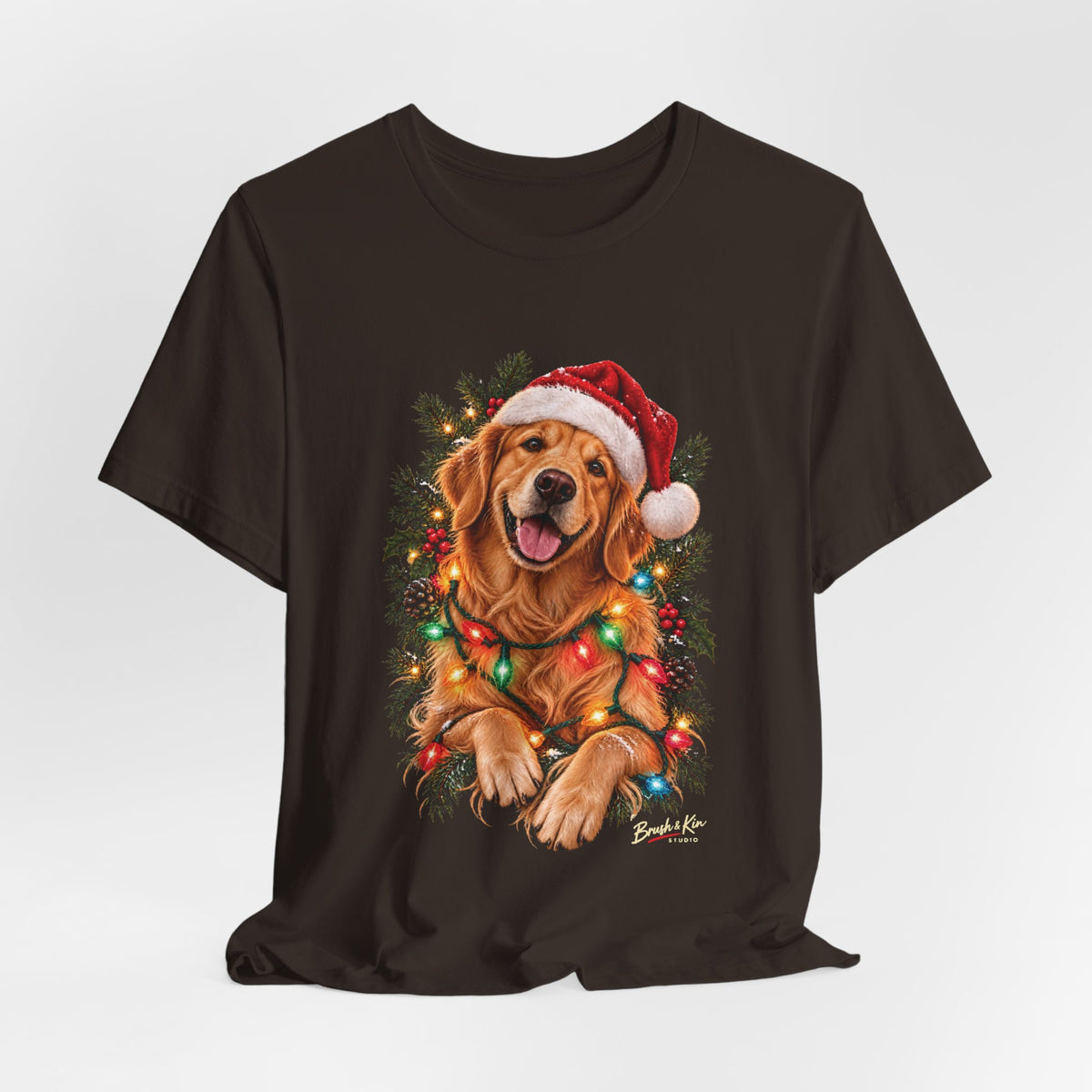 Christmas Golden Retriever Tee — Santa Hat with Holiday Lights