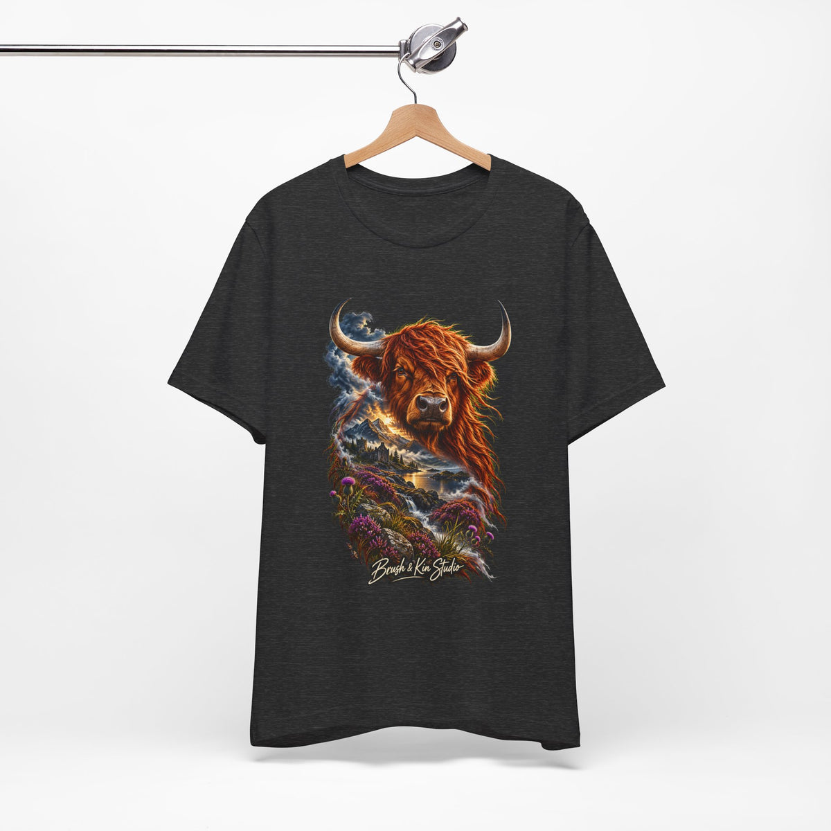 Highland Cow Scenic Tee — 'Beyond the Glens' Graphic T-Shirt