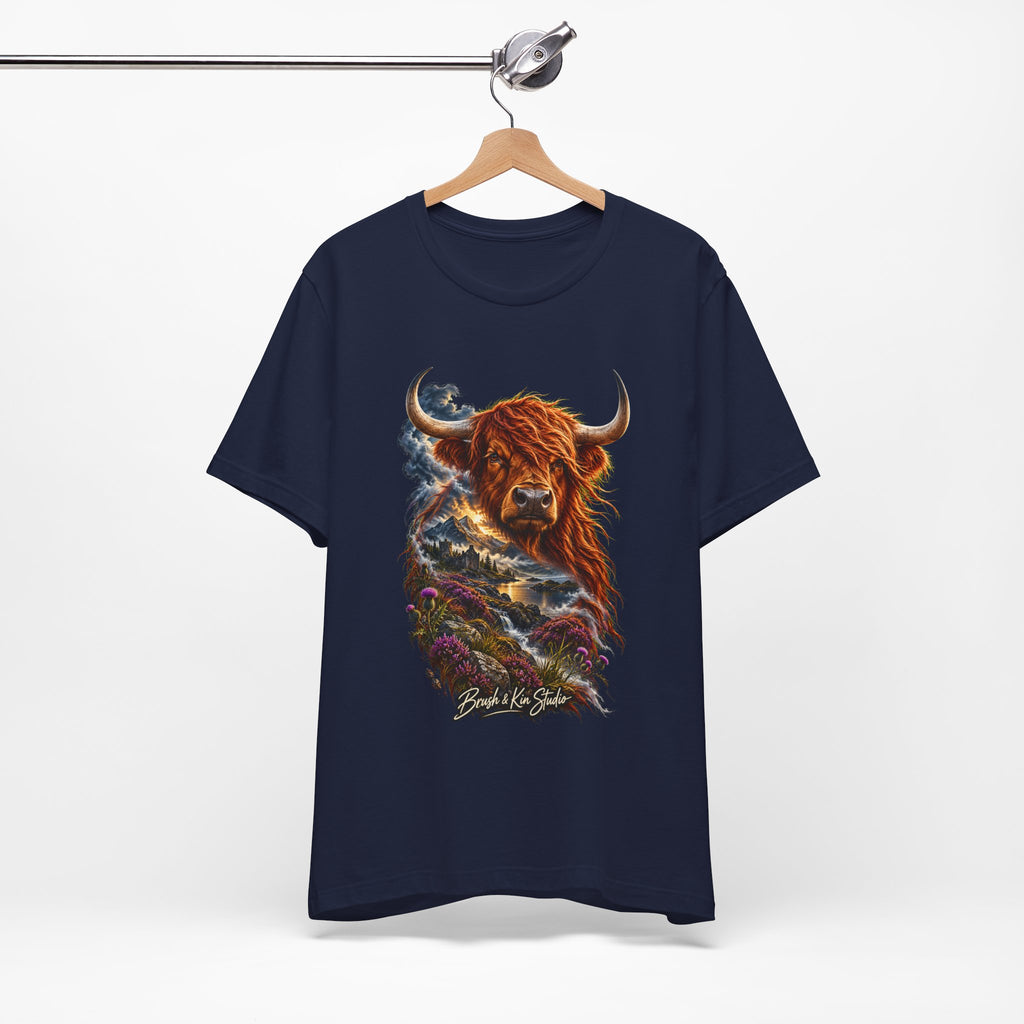 Highland Cow Scenic Tee — 'Beyond the Glens' Graphic T-Shirt