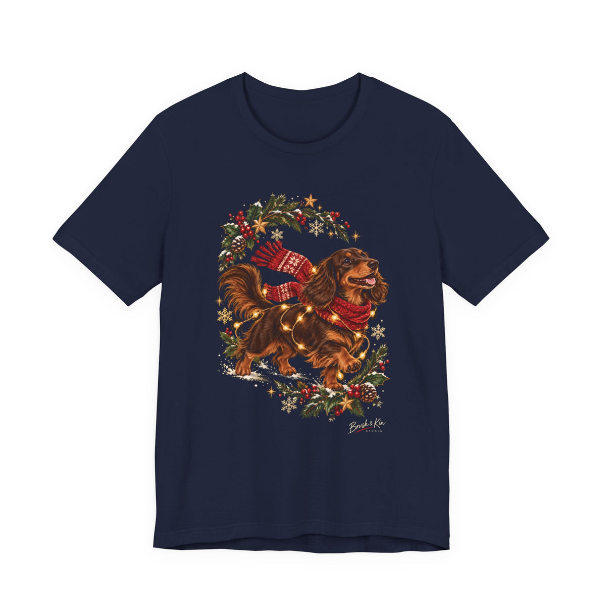 Dachshund Christmas Tee — Festive Sausage Dog with Scarf & Gifts