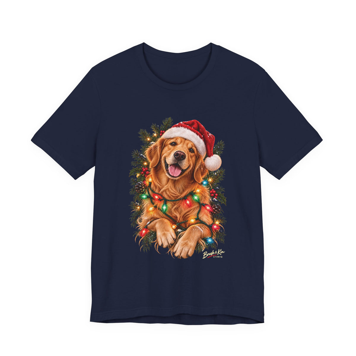Christmas Golden Retriever Tee — Santa Hat with Holiday Lights