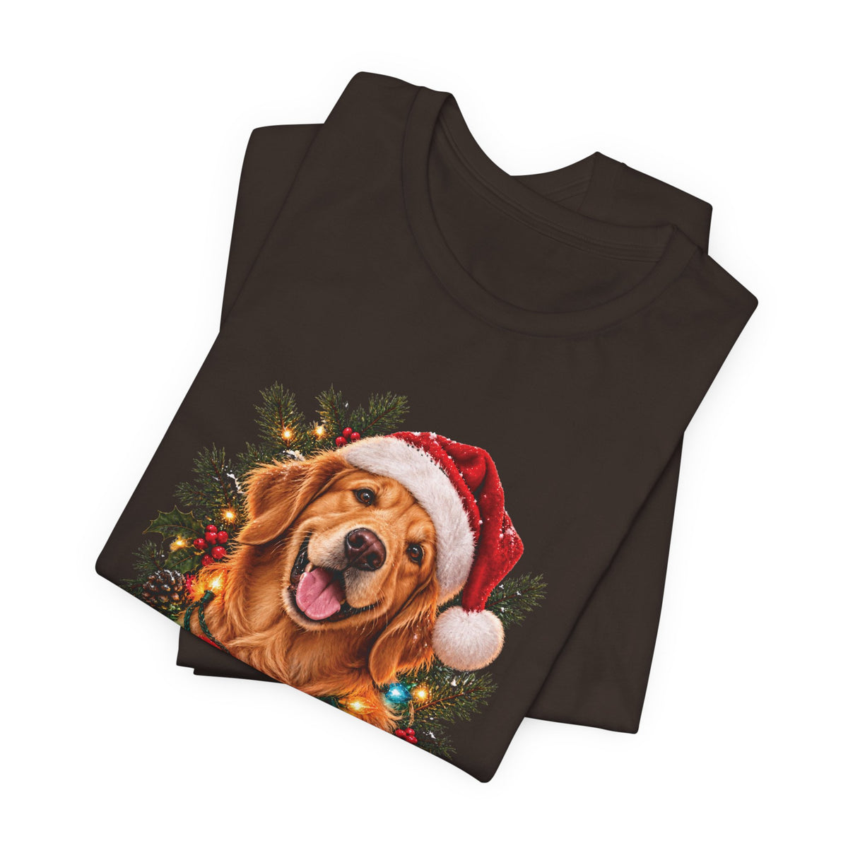 Christmas Golden Retriever Tee — Santa Hat with Holiday Lights