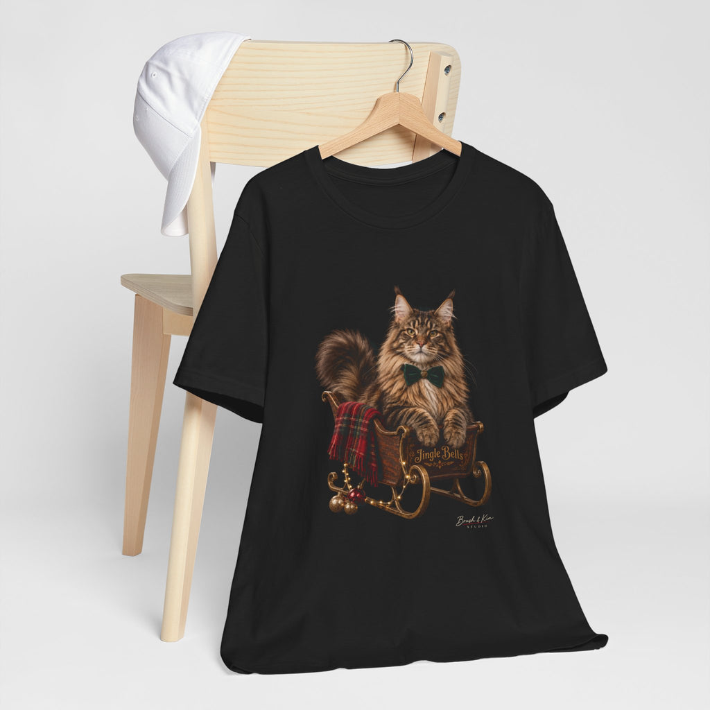 Christmas Cat Sled Tee — Festive Maine Coon Holiday T-Shirt