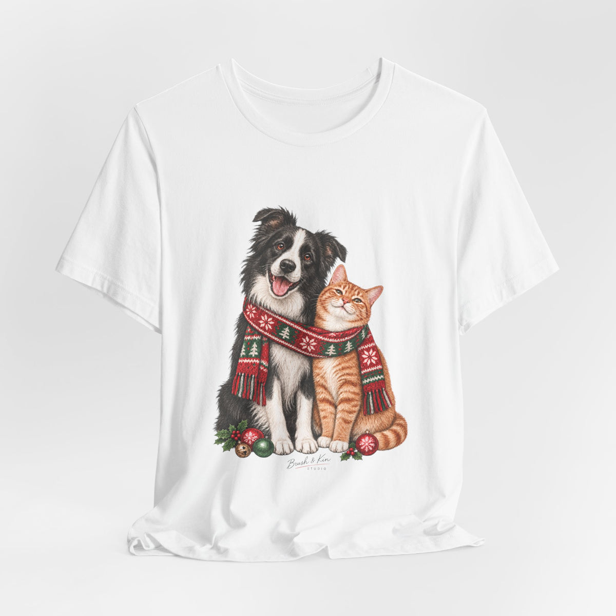 Holiday Dog and Cat Tee — Cozy Scarf Pets Christmas T-Shirt