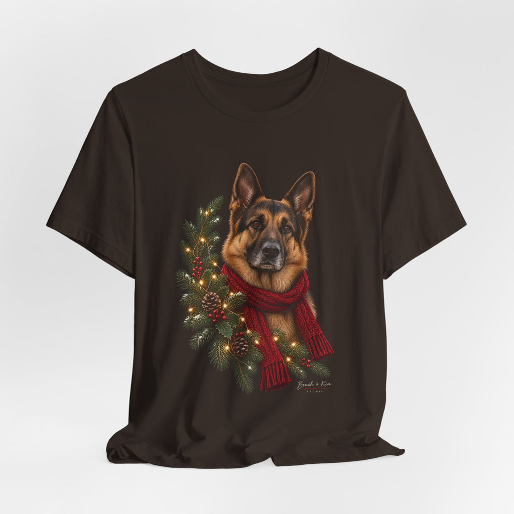 German Shepherd Christmas Tee — Festive Wreath & Scarf Dog T-Shirt