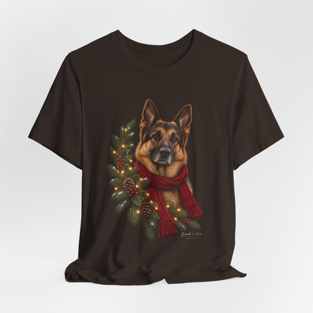 German Shepherd Christmas Tee — Festive Wreath & Scarf Dog T-Shirt