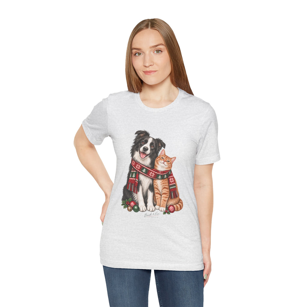 Holiday Dog and Cat Tee — Cozy Scarf Pets Christmas T-Shirt