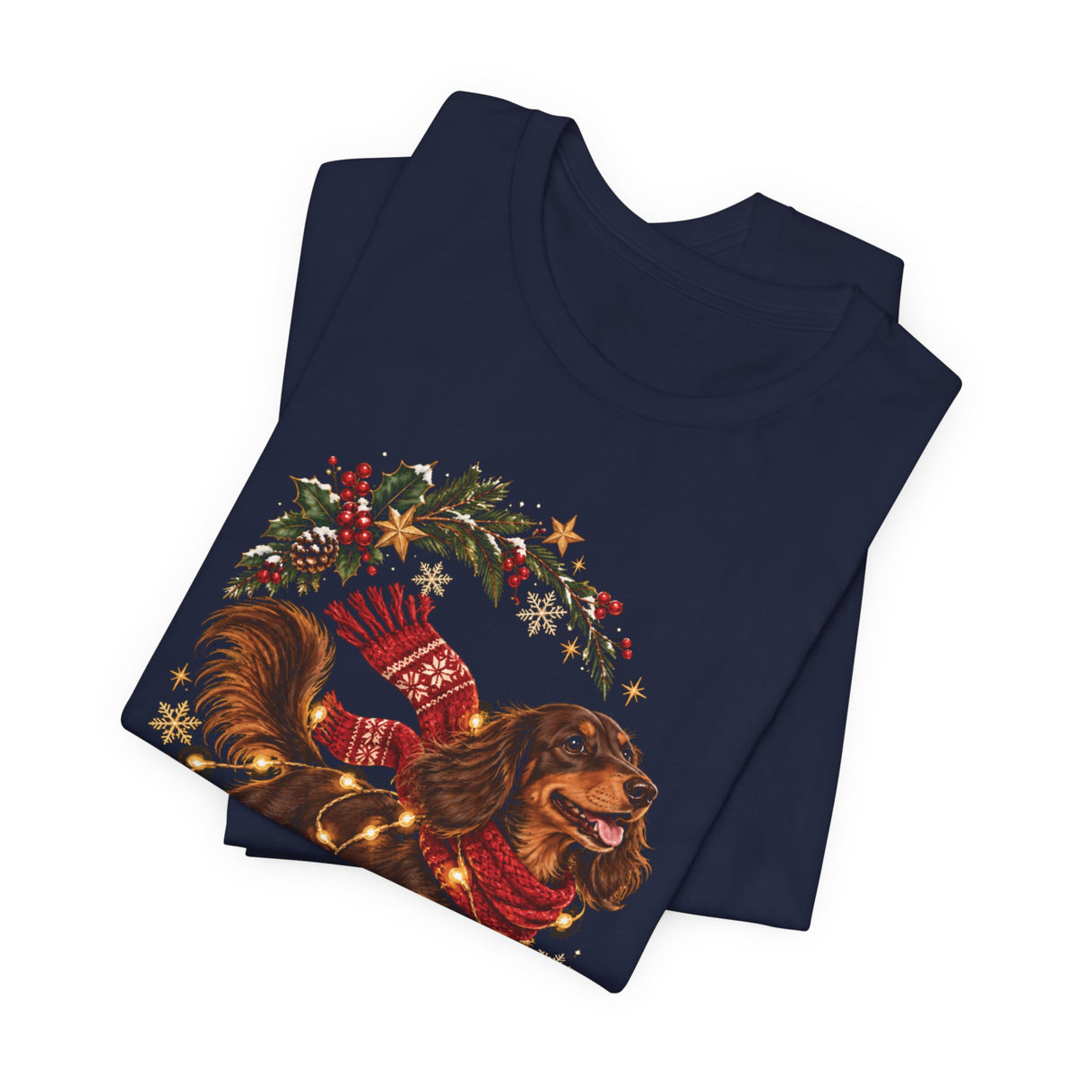Dachshund Christmas Tee — Festive Sausage Dog with Scarf & Gifts