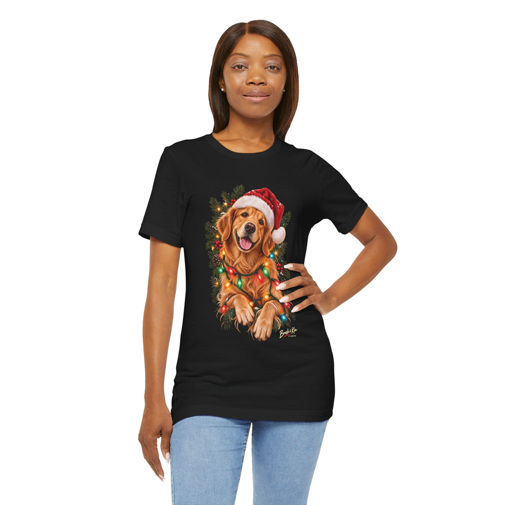 Christmas Golden Retriever Tee — Santa Hat with Holiday Lights