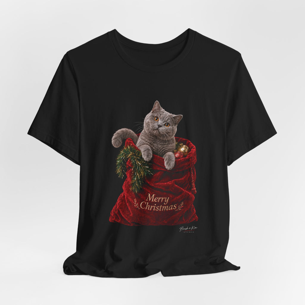 Christmas Cat Tee — "Merry Christmas" Kitty in Santa Sack T-Shirt