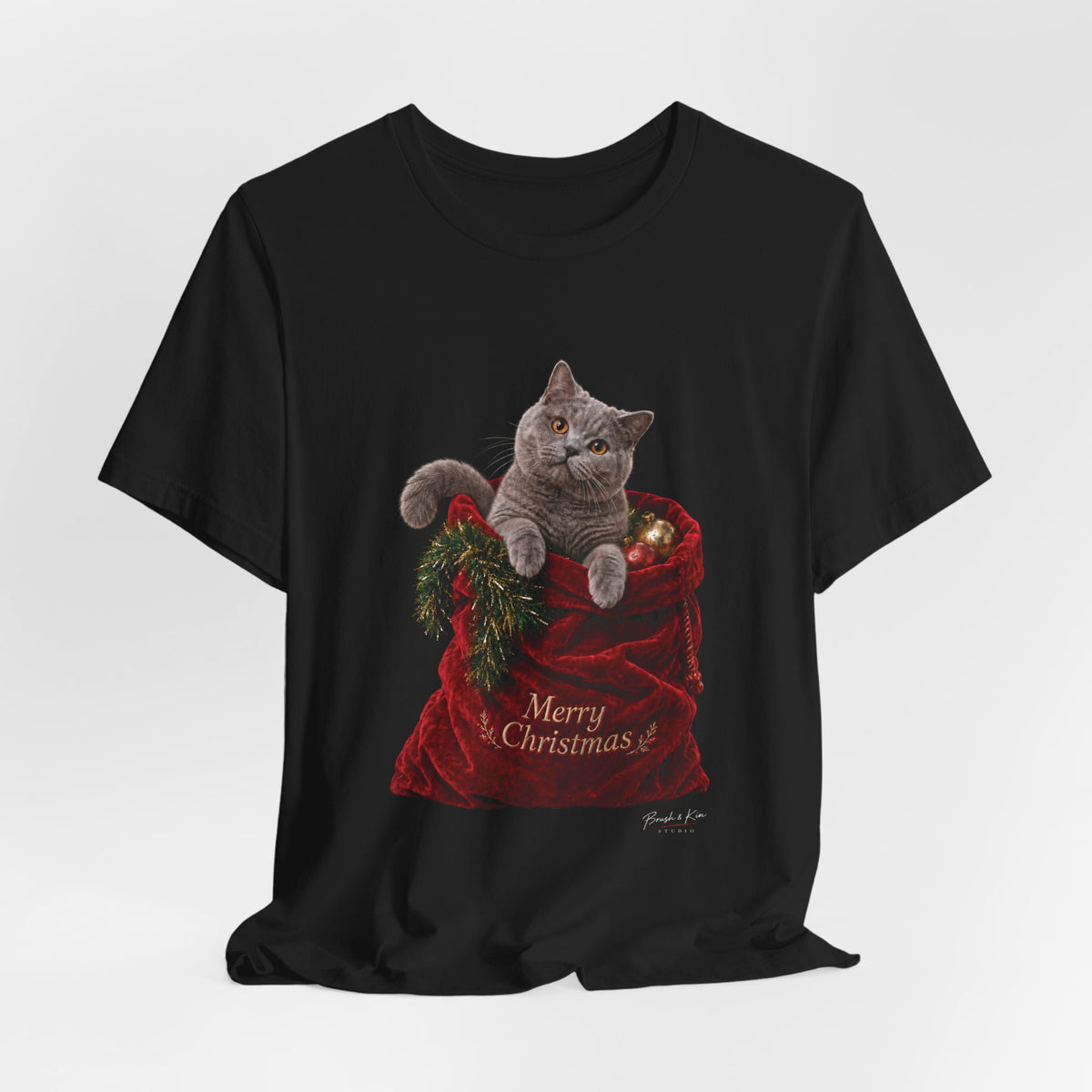 Christmas Cat Tee — "Merry Christmas" Kitty in Santa Sack T-Shirt