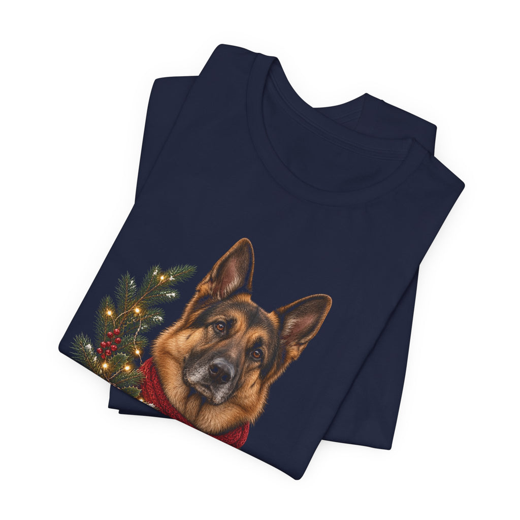 German Shepherd Christmas Tee — Festive Wreath & Scarf Dog T-Shirt