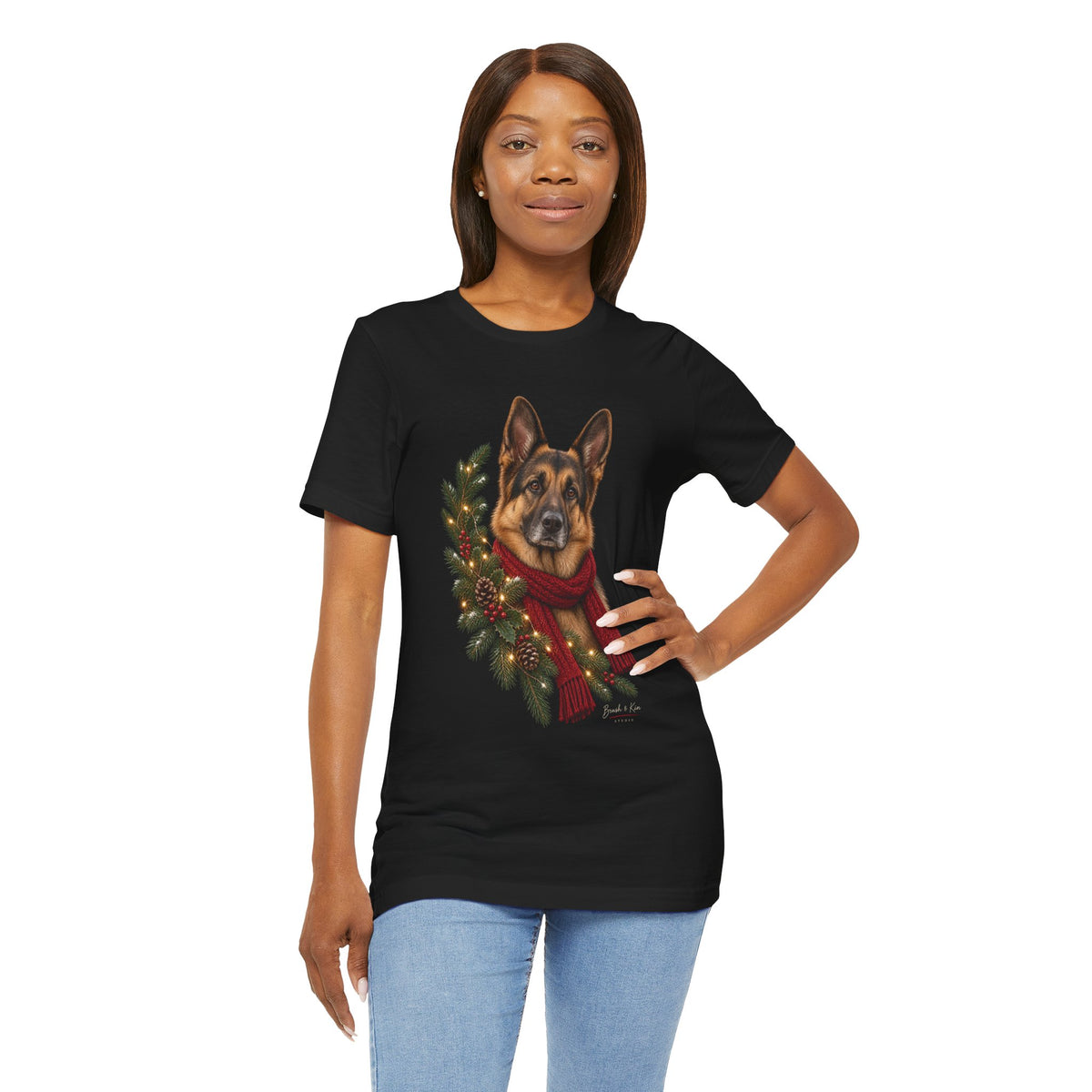 German Shepherd Christmas Tee — Festive Wreath & Scarf Dog T-Shirt