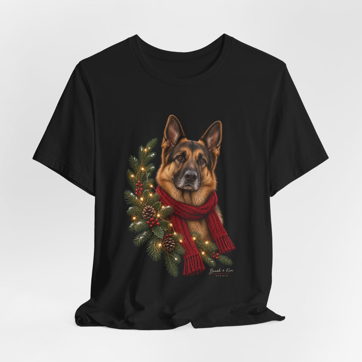 German Shepherd Christmas Tee — Festive Wreath & Scarf Dog T-Shirt