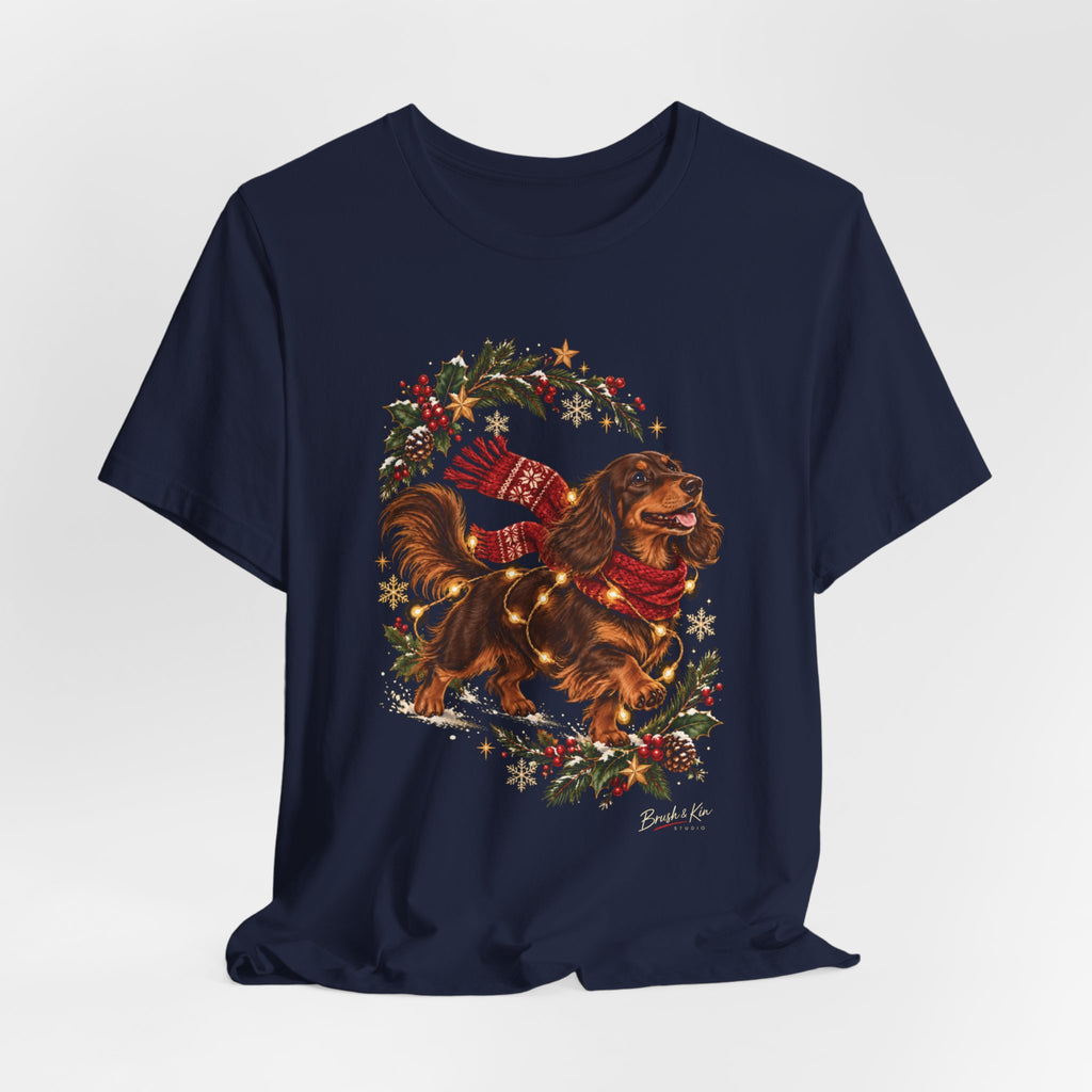 Dachshund Christmas Tee — Festive Sausage Dog with Scarf & Gifts