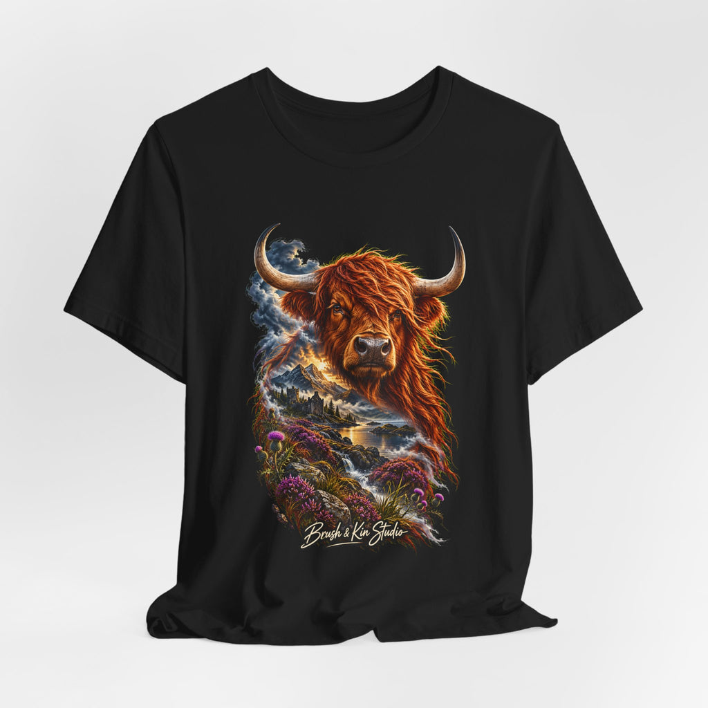 Highland Cow Scenic Tee — 'Beyond the Glens' Graphic T-Shirt