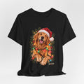 Christmas Golden Retriever Tee — Santa Hat with Holiday Lights
