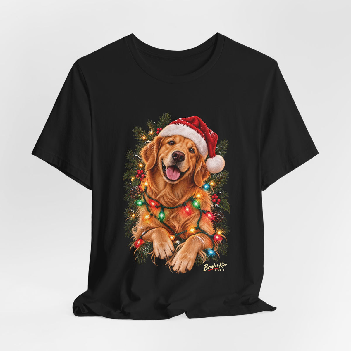 Christmas Golden Retriever Tee — Santa Hat with Holiday Lights