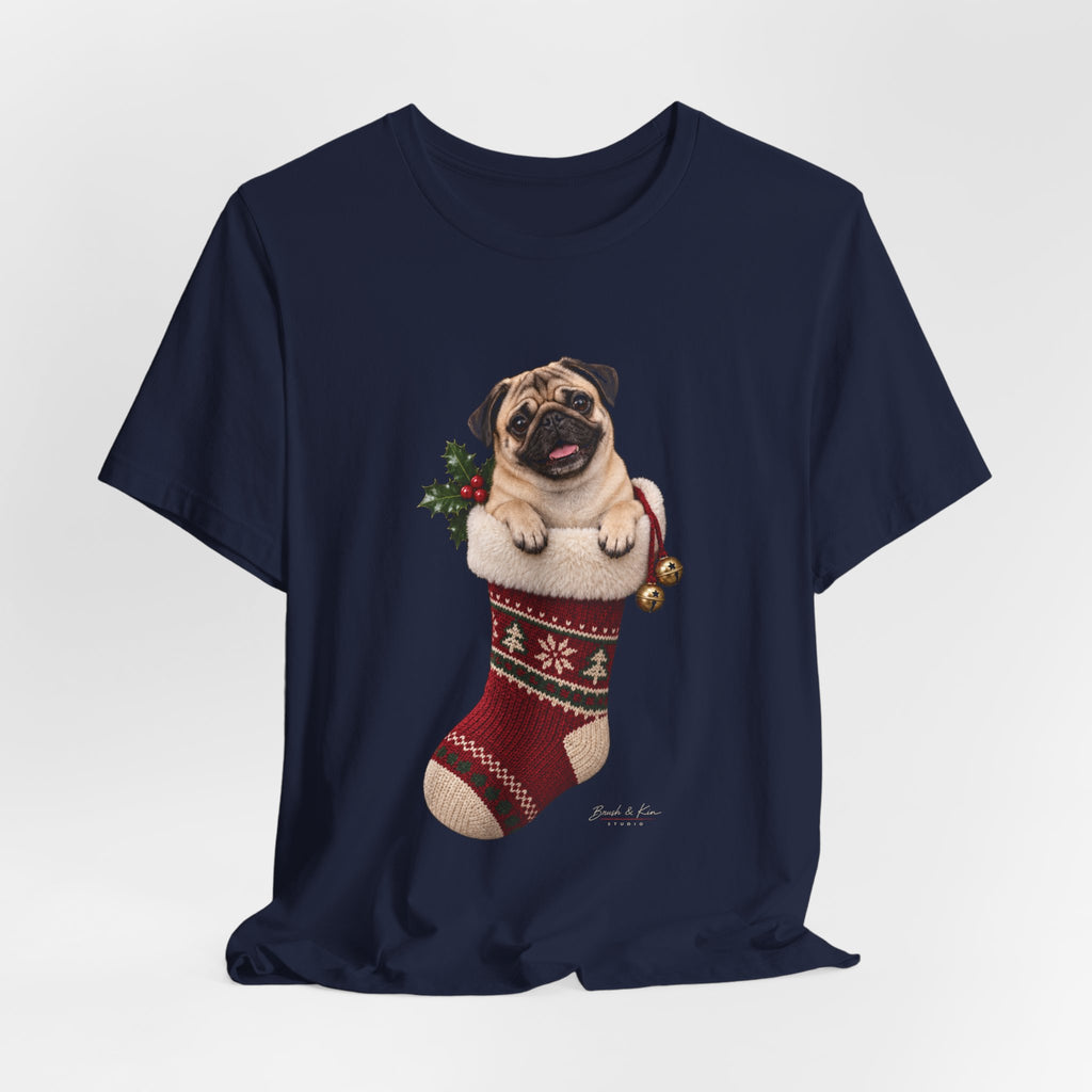Pug in Christmas Stocking Tee — Cute Holiday Dog T-Shirt