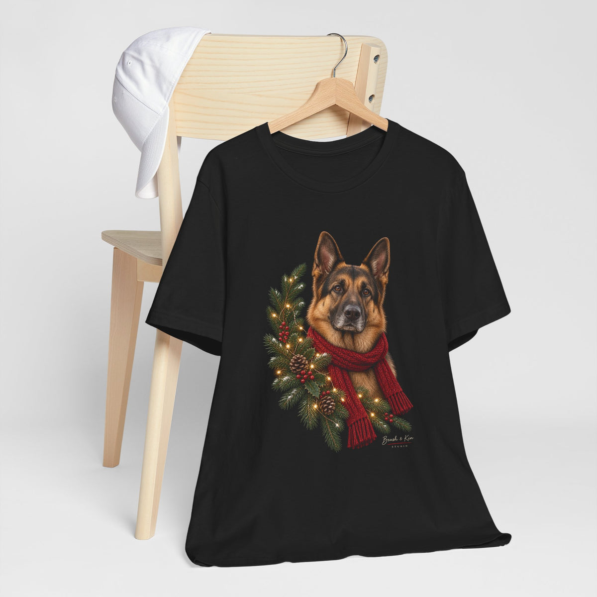 German Shepherd Christmas Tee — Festive Wreath & Scarf Dog T-Shirt