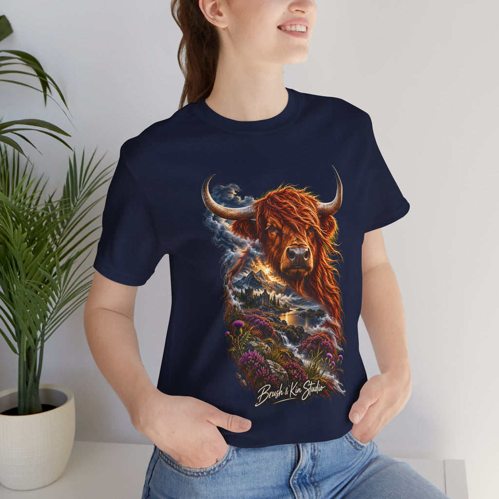 Highland Cow Scenic Tee — 'Beyond the Glens' Graphic T-Shirt
