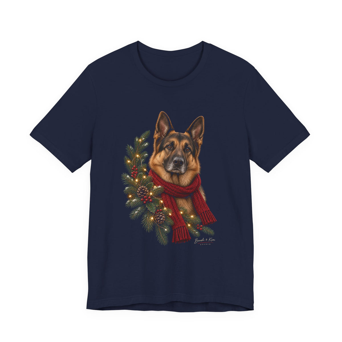 German Shepherd Christmas Tee — Festive Wreath & Scarf Dog T-Shirt