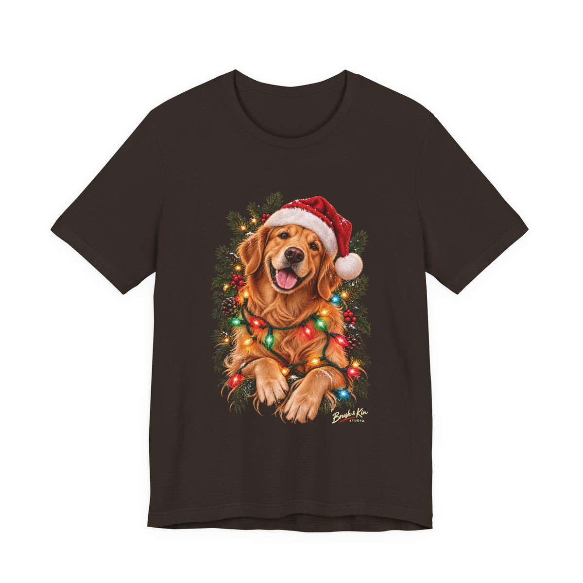 Christmas Golden Retriever Tee — Santa Hat with Holiday Lights