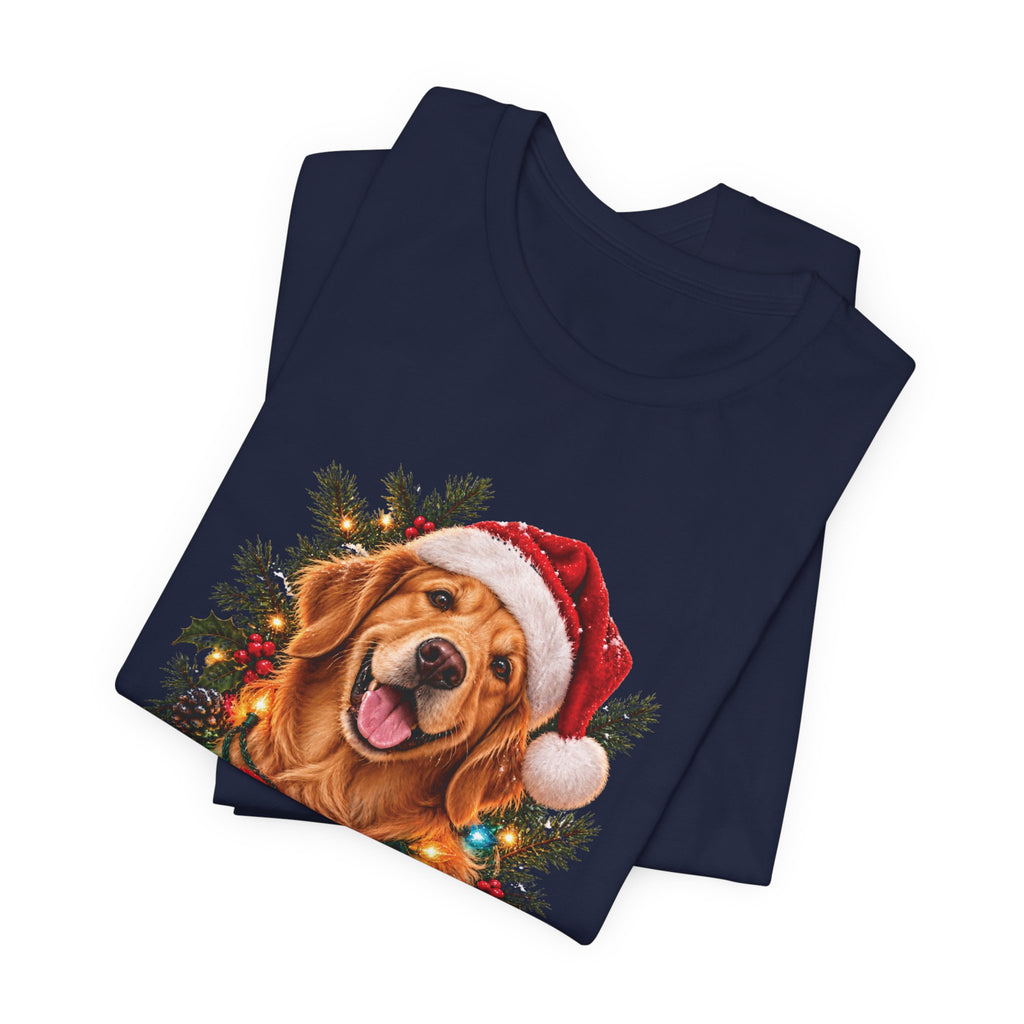 Christmas Golden Retriever Tee — Santa Hat with Holiday Lights